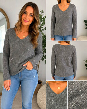 Joe Fresh Women’s L/G Gray Sequin Mohair Wool Blend V-Neck Sweater Sparkle